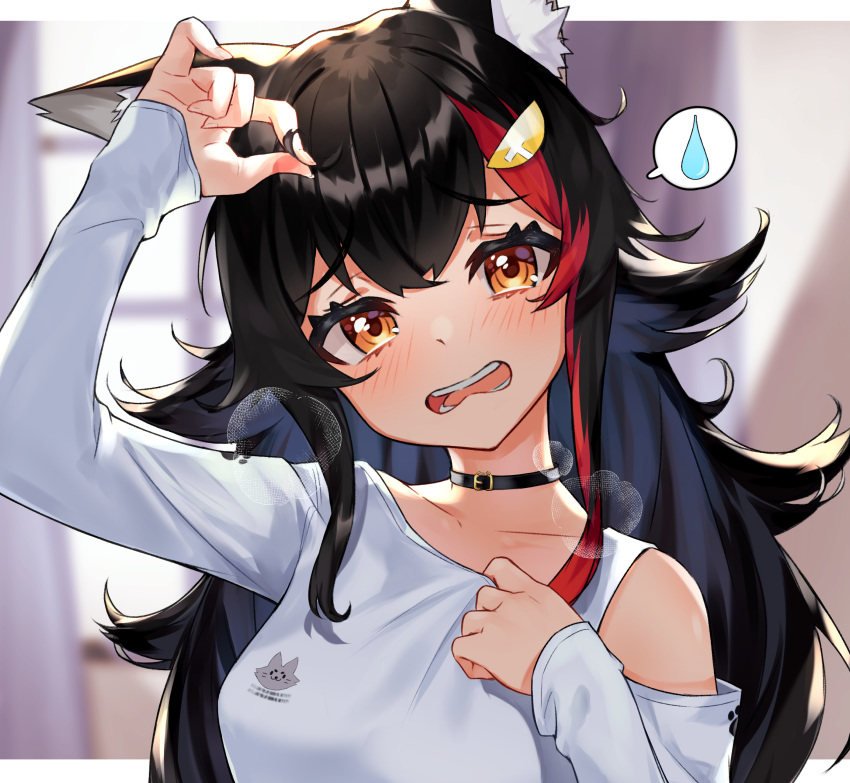 1girl absurdres animal_ear_fluff animal_ears black_choker black_hair blurry blurry_background blush breasts breath choker commentary curtains eyebrows_visible_through_hair eyelashes hair_ornament head_tilt highres holding holding_hair hololive indoors long_hair long_sleeves looking_at_viewer medium_breasts multicolored_hair narita_tamezou ookami_mio open_mouth orange_eyes redhead shirt shoulder_cutout solo spoken_sweatdrop streaked_hair sweatdrop tareme two-tone_hair upper_body virtual_youtuber wavy_mouth white_shirt window wolf_ears
