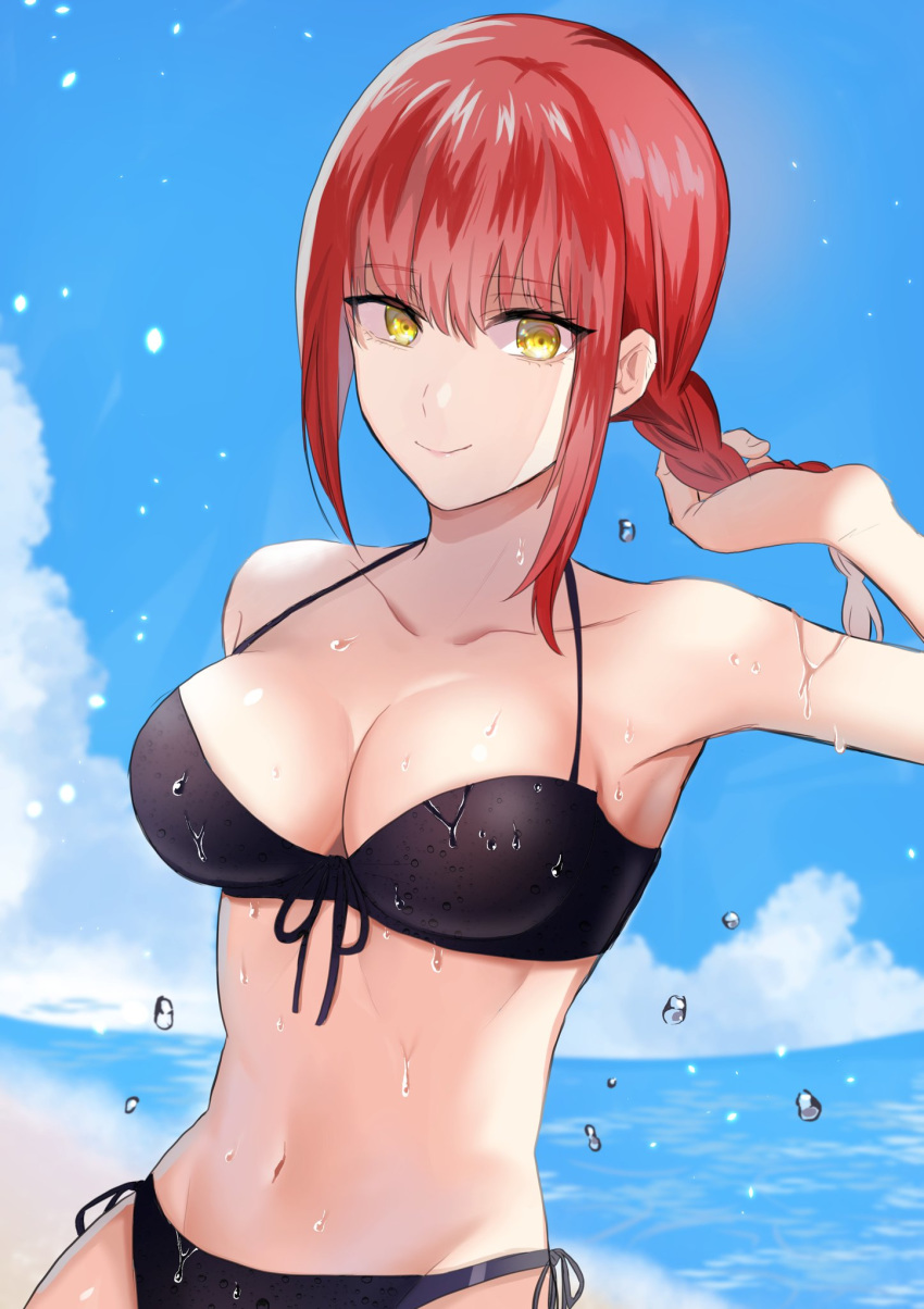 1girl alternate_costume bare_shoulders beach bikini black_bikini blue_sky bra breasts chainsaw_man clouds collarbone day eyebrows_visible_through_hair fefah2qtlaxuhuc hand_in_hair highres light_smile looking_at_viewer makima_(chainsaw_man) medium_breasts navel ocean redhead ringed_eyes sand sky smile solo solo_focus swimsuit underwear water