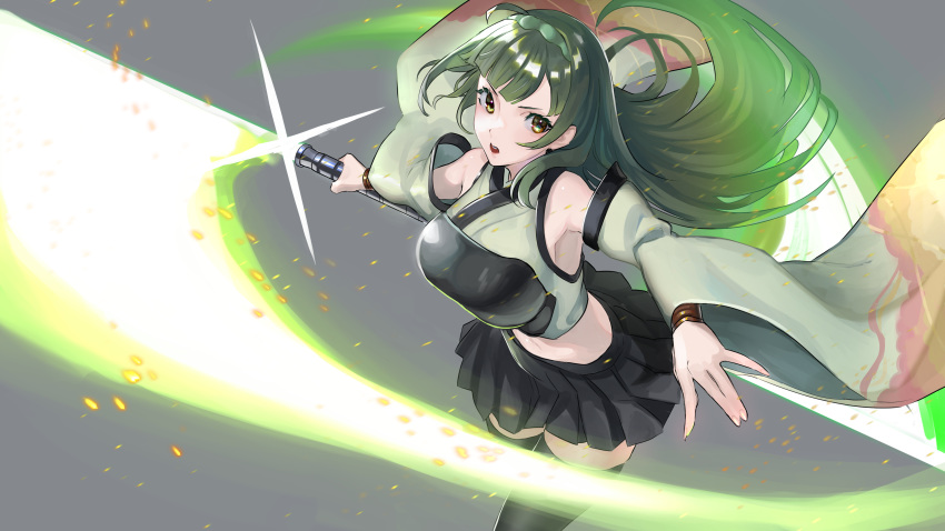 1girl absurdres armpits asagon007 bare_shoulders black_legwear black_skirt crop_top detached_sleeves diffraction_spikes energy_sword green_eyes green_hair grey_background grey_shirt highres lightsaber long_hair long_sleeves looking_at_viewer midriff miniskirt muneate open_mouth outstretched_arms pleated_skirt shirt skirt solo sword touhoku_zunko v-shaped_eyebrows voiceroid weapon wide_sleeves
