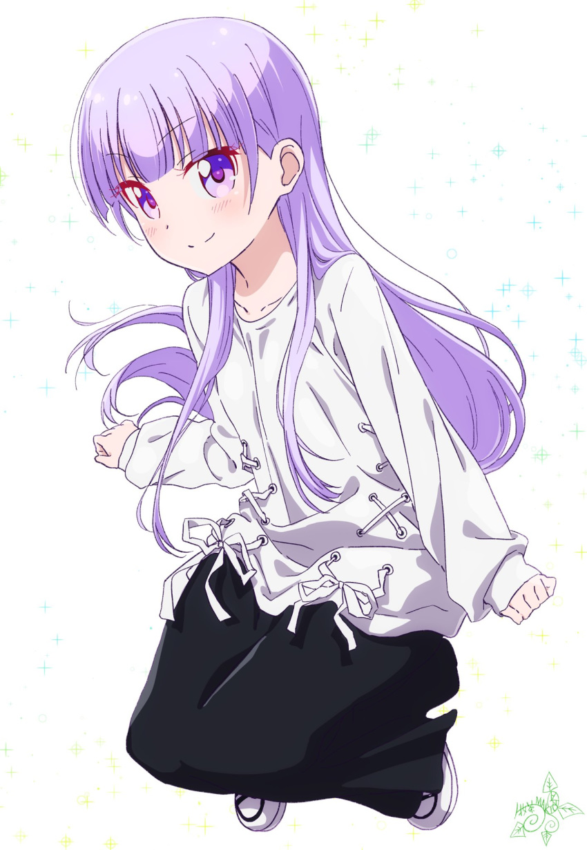 1girl bangs black_skirt blunt_bangs blush closed_mouth eyebrows_visible_through_hair floating_hair full_body highres long_hair long_skirt long_sleeves new_game! pink_x purple_hair ribbon shiny shiny_hair simple_background skirt sleeves_past_wrists smile solo straight_hair suzukaze_aoba sweater very_long_hair violet_eyes white_background white_footwear white_ribbon white_sweater
