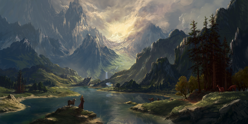 1girl animal clouds cloudy_sky coat commentary day deer goat highres lake landscape long_hair original outdoors philipp_urlich red_coat scenery sky sunlight tree water waterfall