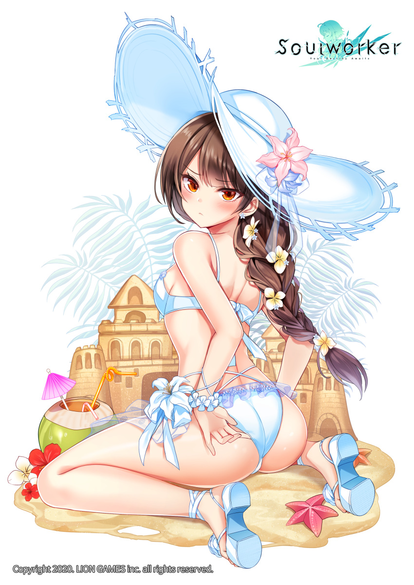 1girl absurdres ass back bare_arms bare_shoulders beach bikini bracelet braid breasts brown_hair closed_mouth coconut flower from_behind frown hair_flower hair_ornament hat hat_flower highres jewelry lily_(flower) lily_bloomerchen long_hair looking_at_viewer looking_back maett medium_breasts official_art orange_eyes sand sand_castle sand_sculpture sandals single_braid sitting solo soul_worker starfish sun_hat swimsuit thighs wariza white_bikini white_headwear