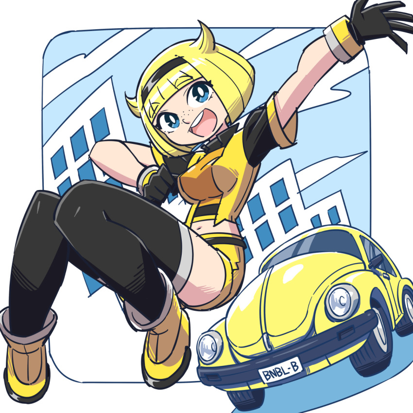 1girl blonde_hair blue_eyes boots breasts bumblebee bumblebee_(film) car eyebrows_visible_through_hair freckles genderswap genderswap_(mtf) gloves ground_vehicle highres medium_breasts midriff motor_vehicle open_hand open_mouth personification short_shorts shorts solo sunafuki_tabito thigh-highs transformers volkswagen volkswagen_beetle