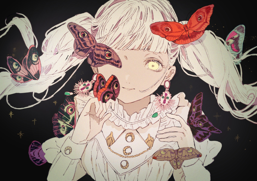 1girl absurdres animal bangs black_background blunt_bangs bug butterfly earrings frills highres huge_filesize insect jewelry long_hair original parted_lips purple_butterfly qooo003 red_butterfly simple_background smile solo twintails upper_body white_hair yellow_butterfly yellow_eyes