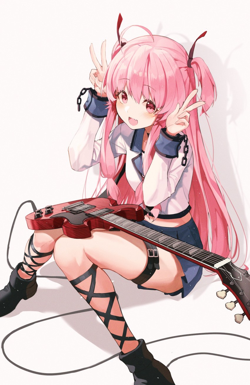 1girl :d absurdres ahoge angel_beats! black_footwear blue_skirt double_v electric_guitar fang guitar hair_ornament hands_up highres instrument leg_belt long_hair long_sleeves looking_at_viewer midriff miniskirt open_mouth pink_eyes pink_hair pleated_skirt pro-p school_uniform shirt shoes simple_background sitting skirt smile solo thighs two_side_up v very_long_hair white_background white_shirt yui_(angel_beats!)