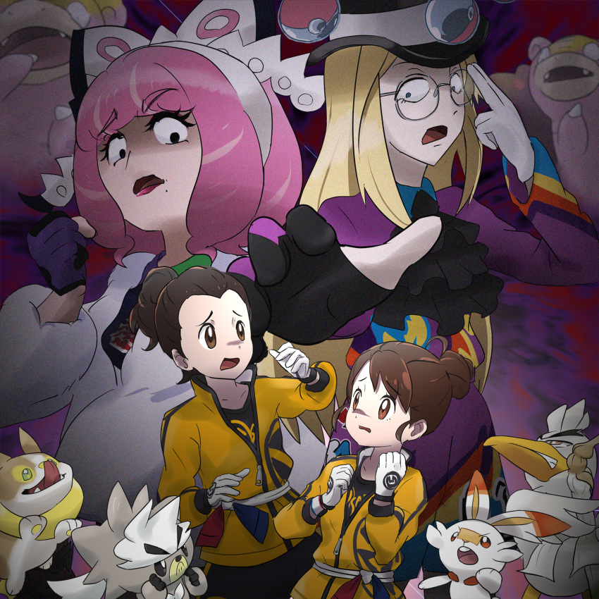 2boys 2girls bangs blonde_hair bow brown_eyes brown_hair coat commentary_request floating floating_object fur_coat galarian_form galarian_slowpoke gen_8_pokemon glasses gloves hair_bow hairband hat highres jacket kubfu kurara_(pokemon) legendary_pokemon long_hair long_sleeves masaru_(pokemon) mole mole_under_mouth multiple_boys multiple_girls open_mouth pink_hair poke_ball poke_ball_(basic) pokemon pokemon_(creature) pokemon_(game) pokemon_swsh round_eyewear savory_(pokemon) scared scorbunny short_hair sirfetch'd starter_pokemon taichi_(g-h-t-rx2-l) telekinesis tongue top_hat white_bow white_coat yamper yuuri_(pokemon)