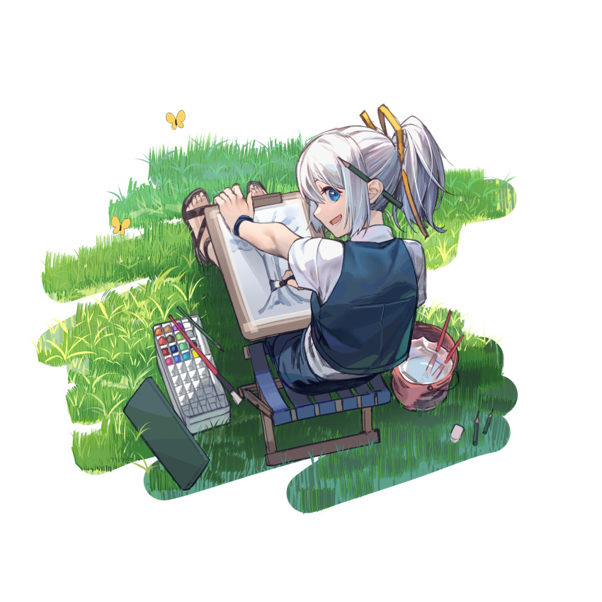 1girl :d blue_eyes blue_vest bucket bug butterfly chair commentary_request drawing eraser folding_chair from_above from_behind full_body grass hair_ribbon highres insect li_bai long_hair looking_at_viewer looking_back looking_up open_mouth orange_ribbon paint paintbrush painting_(object) pencil ribbon sandals sangai_senki shirt short_sleeves silver_hair sitting smile solo vest water white_shirt wristband zhili_xingzou