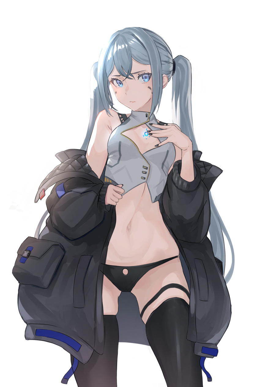 1girl absurdres armpit_crease asagon007 bare_shoulders black_jacket black_legwear black_nails black_panties blue_eyes breasts cleavage_cutout cowboy_shot crop_top facial_mark frown grey_hair grey_shirt highres jacket long_hair looking_at_viewer nail_polish navel no_pants off_shoulder open_clothes open_jacket original panties shirt sidelocks simple_background skindentation sleeveless sleeveless_shirt small_breasts solo stomach string_panties thigh-highs thigh_strap thighs twintails underwear white_background