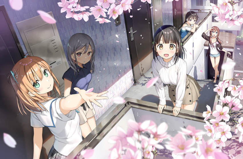 :d :o bangs bare_legs bare_thighs black_hair brown_hair cherry_blossoms closed_mouth eyebrows eyebrows_visible_through_hair flower green_eyes highres kantoku light_brown_eyes looking_at_viewer low_twintails multiple_girls one_room open_mouth orange_hair school_uniform serafuku short_hair short_shorts shorts silver_hair smile twintails yellow_eyes