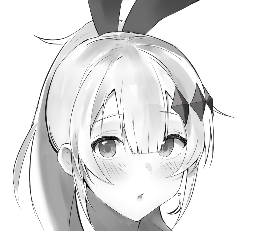 1girl bangs blush bunny_hair_ornament crescent crescent_earrings earrings eyebrows_visible_through_hair eyelashes face five-seven_(girls_frontline) girls_frontline greyscale hair_between_eyes hair_ornament high_ponytail highres jewelry long_hair looking_at_viewer monochrome parted_bangs ponytail portrait sidelocks simple_background solo tareme very_long_hair white_background zengi