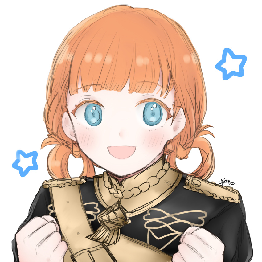 1girl 504723f :d annette_fantine_dominic bangs blue_eyes blunt_bangs blush eyebrows_visible_through_hair fire_emblem fire_emblem:_three_houses gloves highres looking_at_viewer open_mouth orange_hair portrait shiny shiny_hair short_hair signature simple_background sketch smile solo tied_hair white_background white_gloves