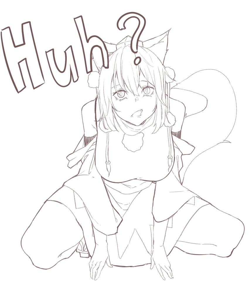 1girl animal_ears breasts fang full_body geta greyscale hat highres huh?_cat_(meme) inubashiri_momiji kanaria_(bocmn) large_breasts looking_at_viewer meme monochrome open_mouth pom_pom_(clothes) skin_fang solo squatting tail tokin_hat touhou wolf_ears wolf_girl wolf_tail