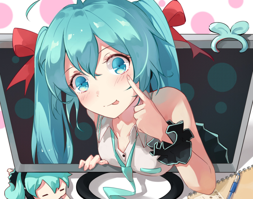 1girl :p ahoge bangs bare_shoulders blue_eyes blue_hair blue_neckwear blush bow breasts closed_mouth collared_shirt commentary dress_shirt eyebrows_visible_through_hair hair_between_eyes hair_bow hatsune_miku long_hair looking_at_viewer medium_breasts monitor necktie red_bow shirt sleeveless sleeveless_shirt smile solo taka_(0taka) through_screen tongue tongue_out twintails upper_body vocaloid white_shirt wrist_cuffs