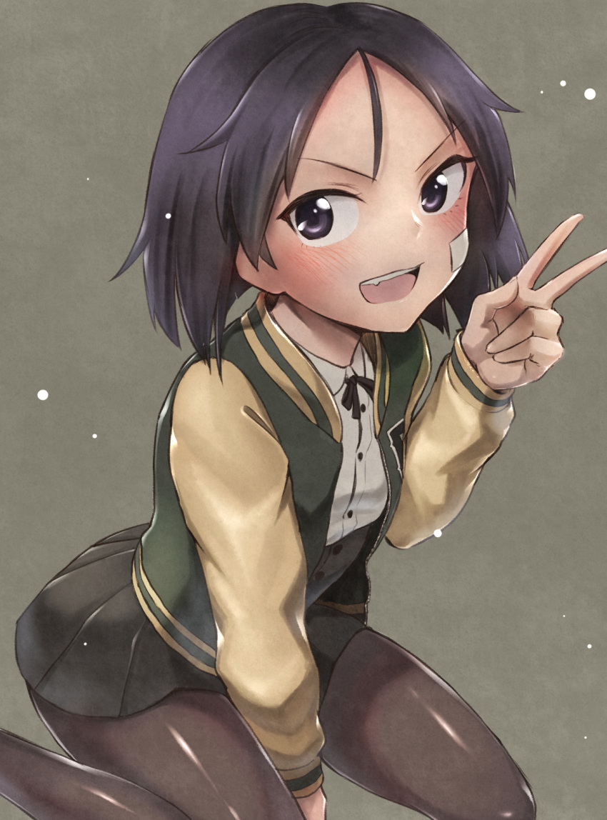 1girl alternate_costume arm_between_legs bandage_on_face black_eyes black_hair blush brave_witches brown_background highres kanno_naoe liar_lawyer looking_at_viewer pantyhose short_hair skirt solo v world_witches_series