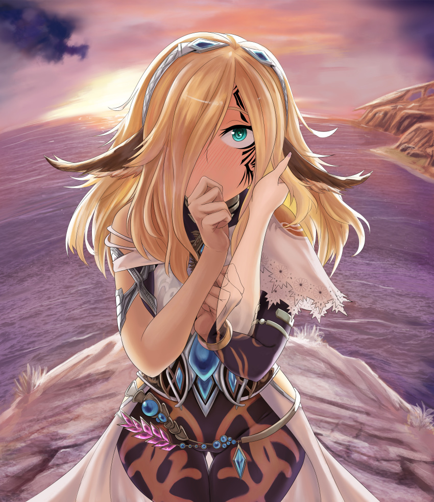1girl absurdres ass_visible_through_thighs blonde_hair blush bodysuit caress celica_(xenoblade_x) clouds cloudy_sky cowboy_shot damagefloor disembodied_limb dusk embarrassed facial_mark green_eyes hair_over_one_eye hairband hand_in_another's_hair hand_on_own_chest highres horizon jewelry long_hair looking_at_viewer ocean outdoors pointy_ears sky solo sunset xenoblade_(series) xenoblade_x yuri