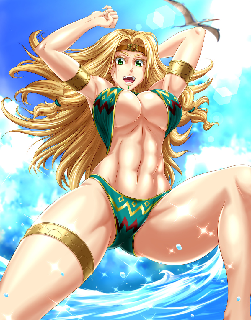 1girl abs absurdres armlet bikini blonde_hair blue_sky breasts brown_headband chin_piercing clouds day english_commentary fate/grand_order fate_(series) green_bikini green_eyes highres huge_filesize jumping lens_flare long_hair mixed-language_commentary navel ocean pterosaur quetzalcoatl_(fate/grand_order) quetzalcoatlus sky solo swimsuit thigh_strap under_boob water zantyarz