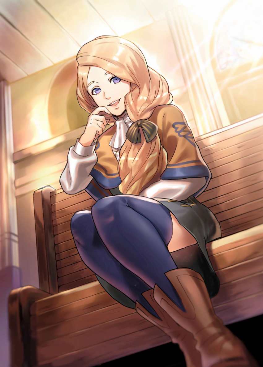1girl :d absurdres bangs black_dress blonde_hair blue_eyes blue_legwear blurry_foreground boots bow brown_bow brown_capelet brown_footwear dress dutch_angle fire_emblem fire_emblem:_three_houses from_below hair_over_shoulder highres indoors long_hair looking_at_viewer mercedes_von_martritz open_mouth parted_bangs ponytail shiny shiny_hair shiyo_(jkke5275) short_dress smile solo thigh-highs very_long_hair
