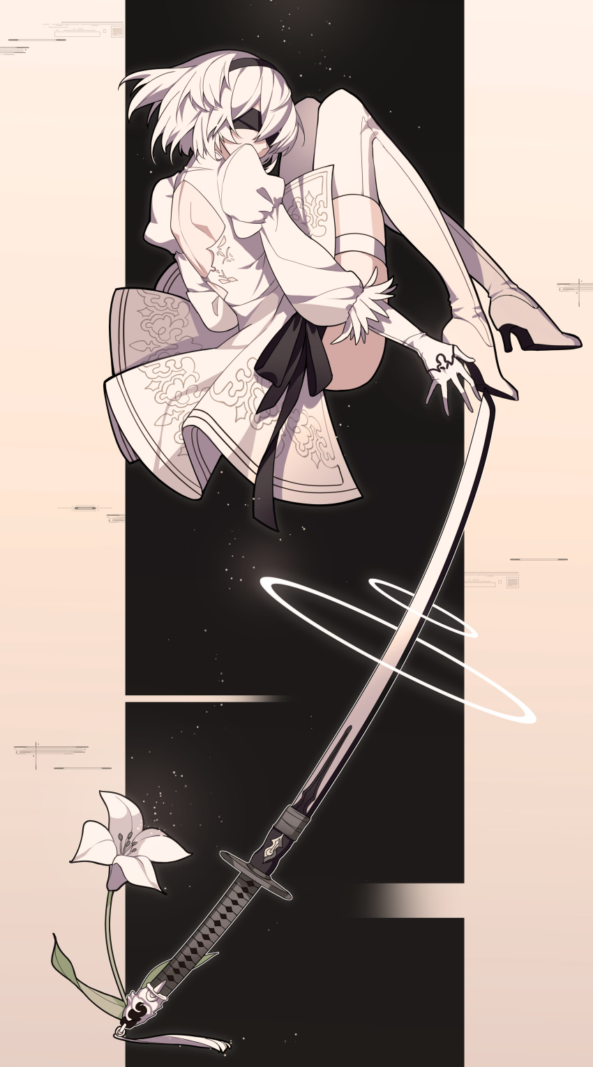 1girl absurdres back_cutout black_blindfold black_hairband blindfold boots feather_trim floating flower gloves hairband high_heels highres katana kazenemuri knee_boots looking_back lunar_tear nier_(series) nier_automata puffy_sleeves short_hair solo sword weapon white_flower white_footwear white_gloves white_hair white_legwear yorha_no._2_type_b