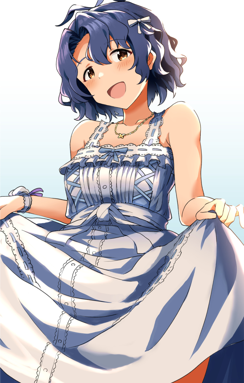 1girl :d antenna_hair backlighting bangs bare_arms bare_shoulders blue_background blue_bow blue_hair blush bow bow_dress breasts brown_eyes collarbone commentary_request cowboy_shot cross-laced_clothes dress eyebrows_visible_through_hair fubuki_(pekesan) gradient gradient_background hair_between_eyes hair_bow hands_up head_tilt highres idolmaster idolmaster_million_live! idolmaster_million_live!_theater_days jewelry looking_at_viewer medium_breasts necklace open_mouth pendant ribbon-trimmed_dress ribbon_trim shiny shiny_hair short_hair skirt_hold sleeveless sleeveless_dress smile solo standing sundress toyokawa_fuuka wavy_hair white_background white_bow white_dress wristband
