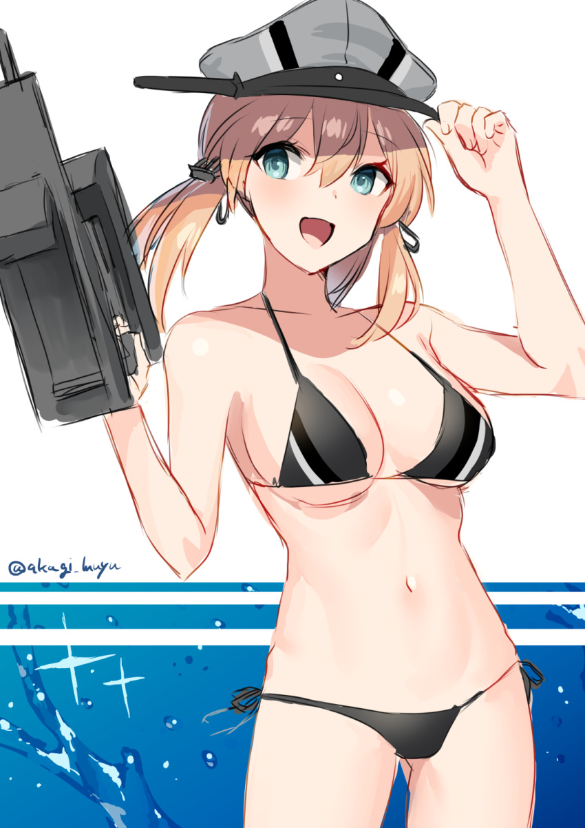 1girl adapted_costume anchor_hair_ornament aqua_eyes bikini black_bikini blonde_hair cowboy_shot hair_ornament hat highres kantai_collection long_hair looking_at_viewer microskirt mizuki_eiru_(akagi_kurage) peaked_cap prinz_eugen_(kantai_collection) side-tie_bikini skirt smile solo standing striped striped_bikini swimsuit twintails two-tone_background white_background