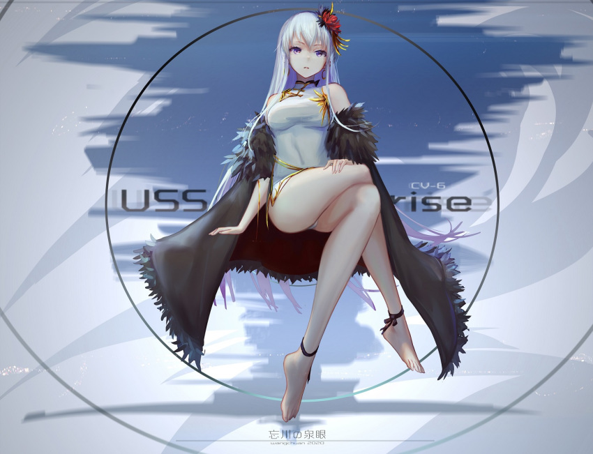 1girl azur_lane bare_legs bare_shoulders barefoot black_cape breasts cape china_dress chinese_clothes covered_navel crossed_legs dress enterprise_(azur_lane) flower fur_trim gold_trim hair_flower hair_ornament hand_on_own_thigh large_breasts long_hair looking_at_viewer off_shoulder side_slit silver_hair sitting sleeveless sleeveless_dress solo spider_lily taut_clothes taut_dress thighs very_long_hair violet_eyes wangchuan_de_quanyan white_dress