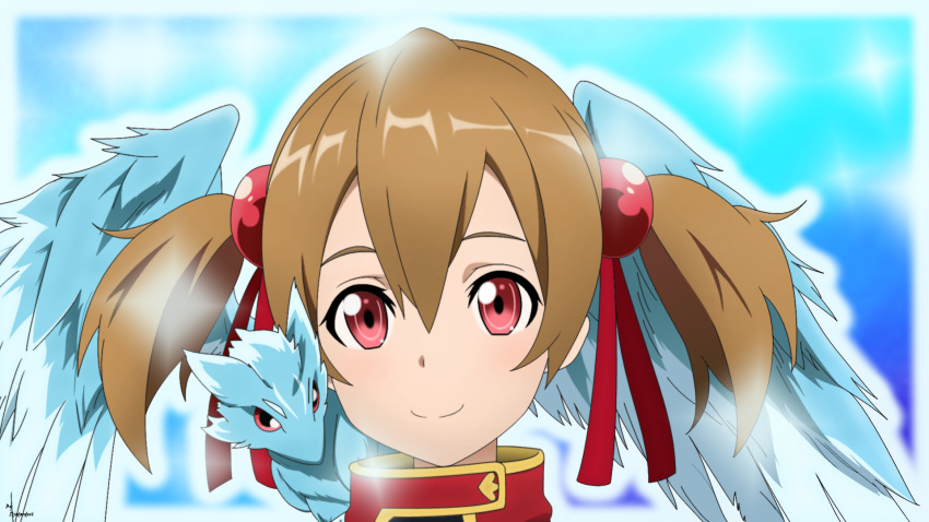 1girl artist_name bangs brown_hair calligraphy_brush closed_mouth hair_between_eyes hair_ribbon highres looking_at_viewer paintbrush pina_(sao) ponytail red_eyes red_ribbon ribbon shikori shiny shiny_hair short_hair short_twintails silica smile solo sword_art_online twintails