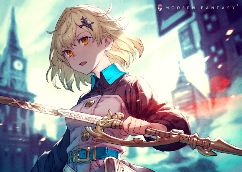 1girl belt blonde_hair blurry blurry_background book building clock clock_tower clouds cloudy_sky english_text fingernails hair_ornament highres holding holding_sword holding_weapon kusano_shinta open_mouth orange_eyes original outdoors short_hair sky solo sword tower weapon