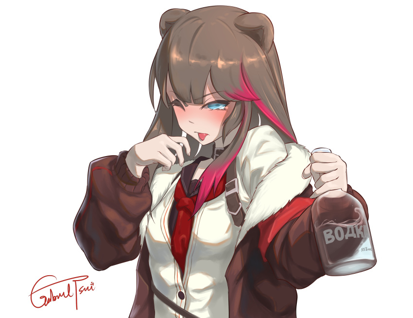 1girl ;p alcohol animal_ears arknights artist_name bangs bear_ears black_choker black_hair blue_eyes blush bottle brown_jacket cardigan chinese_commentary choker commentary_request eyebrows_visible_through_hair fur-trimmed_jacket fur_trim gabrieltsui hands_up highres holding holding_bottle jacket long_hair long_sleeves looking_at_viewer multicolored_hair neckerchief one_eye_closed open_clothes open_jacket red_neckwear redhead signature simple_background solo streaked_hair tongue tongue_out upper_body white_background white_cardigan zima_(arknights)