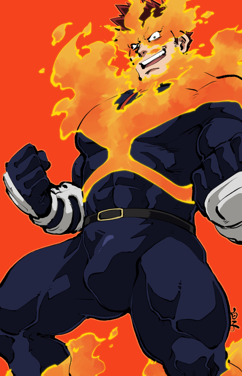 bara beard bodysuit boku_no_hero_academia bulge chest covered_abs facial_hair fire gloves highres kirupi looking_at_viewer male_focus manly muscle mustache orange_background pectorals redhead smile spiky_hair superhero thick_thighs thighs todoroki_enji vambraces
