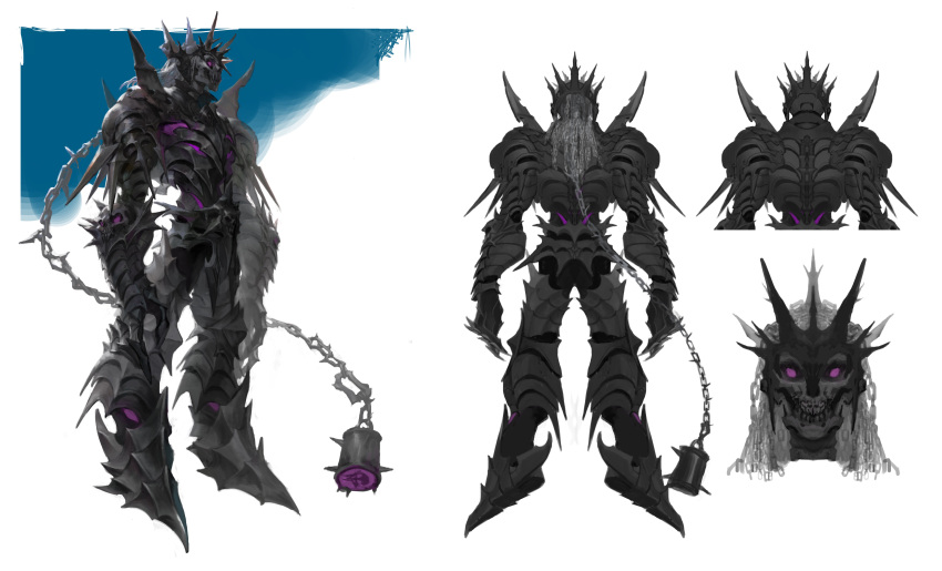 1boy absurdres armor chain character_sheet closed_mouth crown full_armor goyoyoo highres male_focus original pauldrons shoulder_armor skeleton sketch skull solo spikes vambraces violet_eyes
