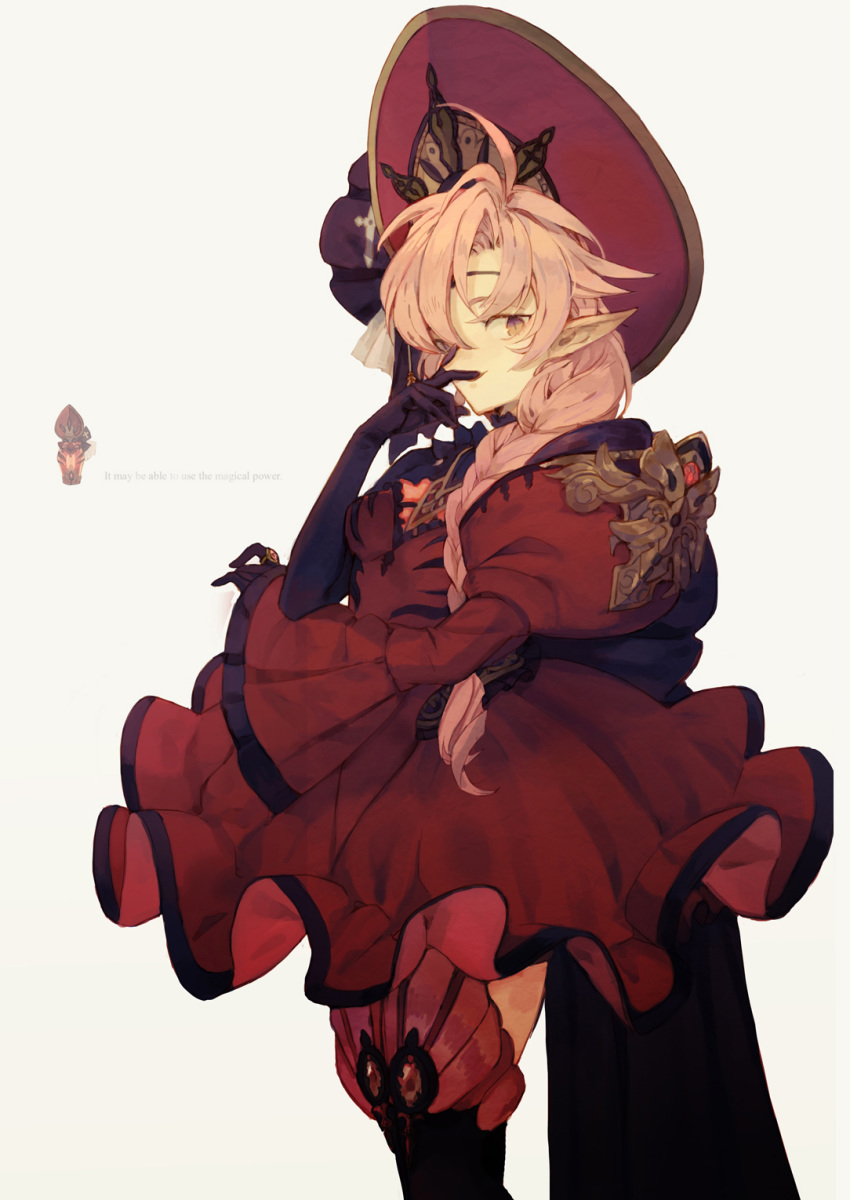 1girl ahoge beige_background black_gloves dress elbow_gloves gem gloves hat highres hihara_you jewelry long_hair orange_eyes original parted_lips personification pink_hair pointy_ears potion red_dress red_theme ring simple_background sleeves_past_wrists slit_pupils smile solo standing