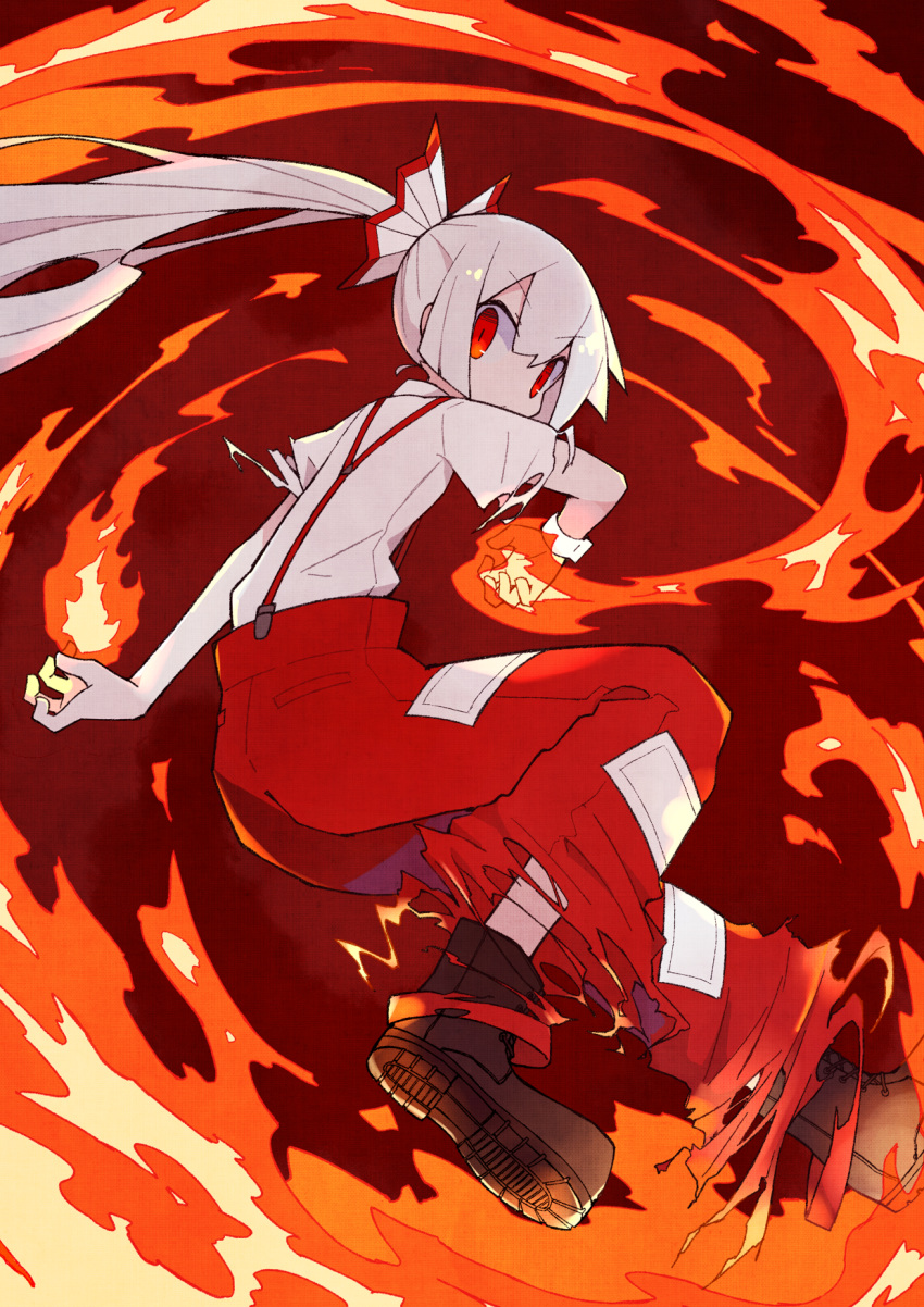 1girl asameshi boots bow brown_footwear commentary fire fujiwara_no_mokou full_body hair_bow highres long_hair looking_at_viewer looking_back ofuda_on_clothes pants ponytail red_background red_eyes red_pants shirt solo suspenders torn_clothes torn_pants torn_sleeves touhou white_hair white_shirt wrist_cuffs