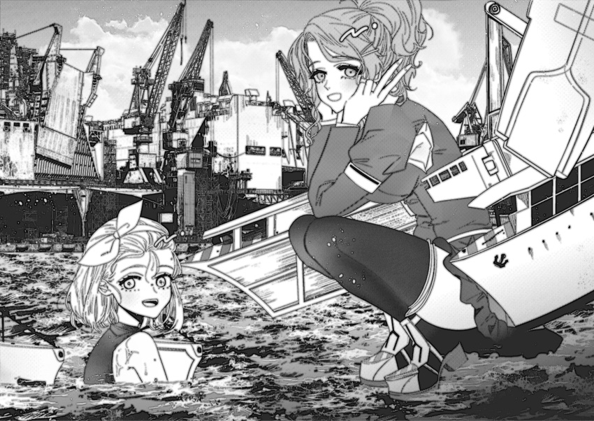 2girls anno88888 aquila_(kantai_collection) armpit_cutout bangs clouds eyebrows_visible_through_hair greyscale hairband high_ponytail highres jacket kantai_collection long_sleeves luigi_torelli_(kantai_collection) monochrome multiple_girls open_mouth outdoors partially_submerged ponytail rigging short_hair skirt sky squatting swimsuit thigh-highs water wet