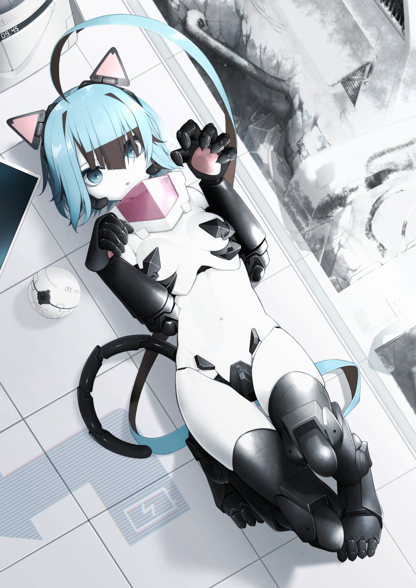 1girl :o absurdres ahoge android animal_ears blue_eyes blue_hair breasts brown_hair cat_ears commentary_request full_body hair_over_one_eye highres huge_ahoge huge_filesize joints looking_at_viewer lying mechanical_tail multicolored_hair on_back original paw_pose robot_joints short_hair small_breasts solo suzukou tail two-tone_hair white_skin