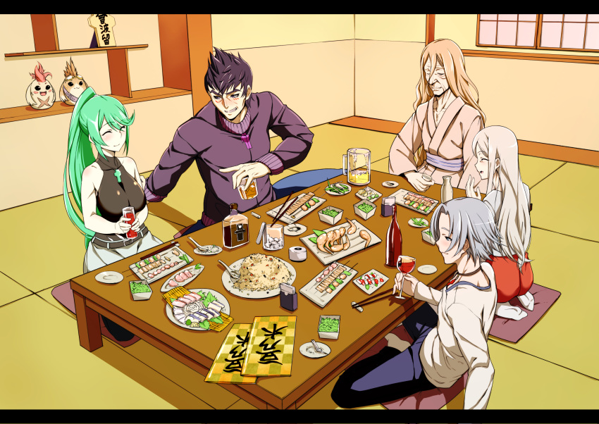 2girls 3boys alcohol alvis architecture beer beer_mug black_hair blonde_hair blush chest_jewel choker chopstick_rest chopsticks closed_eyes cup east_asian_architecture edamame_(food) family food fried_rice galatea_(xenoblade) green_hair highres indoors jewelry k-you_(pixiv) klaus_(xenoblade) kotatsu long_hair metsu_(xenoblade) mug multiple_boys multiple_girls old_man pendant pneuma_(xenoblade) riki_(xenoblade) sake seiza short_hair silver_hair sitting skewer table tokkuri tora_(xenoblade) wine xenoblade_(series) xenoblade_1 xenoblade_2