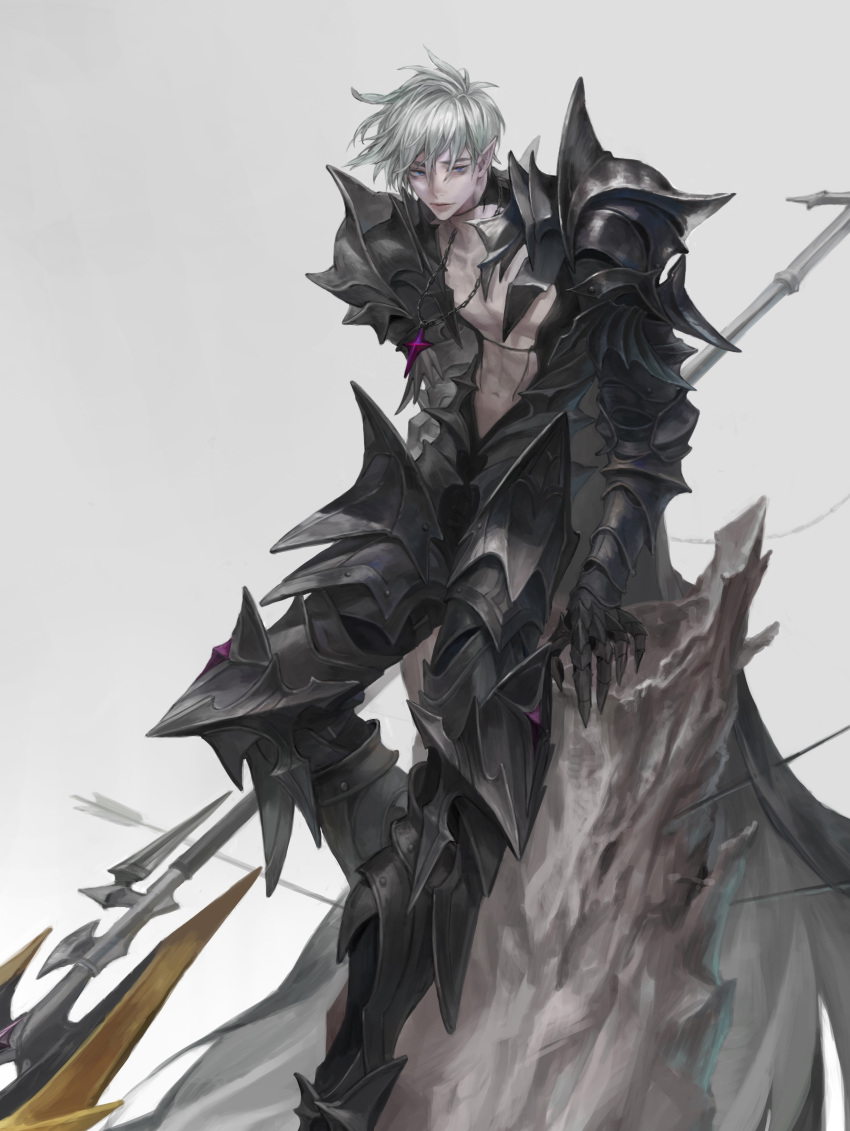 1boy abs absurdres armor arrow_(projectile) bare_chest blue_eyes chain clawed_gauntlets gauntlets gem goyoyoo gradient gradient_background greaves grey_hair highres holding holding_spear holding_weapon huge_weapon jewelry male_focus navel necklace original parted_lips pauldrons pointy_ears polearm shoulder_armor sitting solo spear tree_trunk vambraces weapon