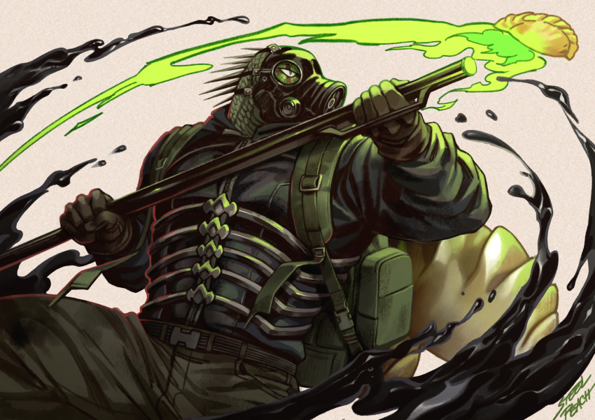 1boy artist_name backpack bag belt black_gloves caiman dorohedoro dual_wielding fighting_stance food gas_mask gloves holding holding_weapon male_focus mask military military_uniform pants polearm simple_background snap-fit_buckle solo steel_peach uniform weapon