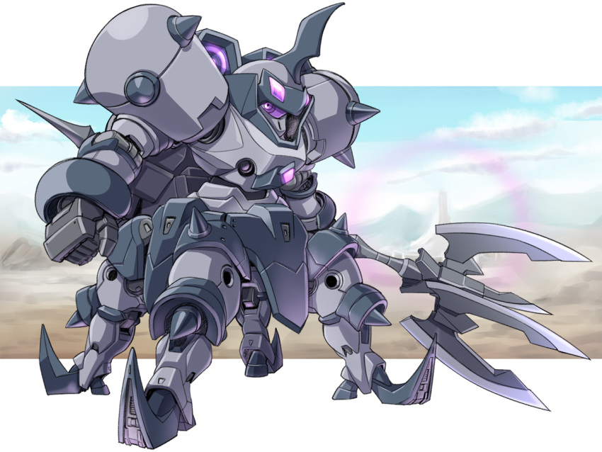 centauroid chibi eldora_brute gundam gundam_build_divers gundam_build_divers_re:rise holding holding_weapon kubotami looking_to_the_side mecha no_humans one-eyed solo standing violet_eyes weapon