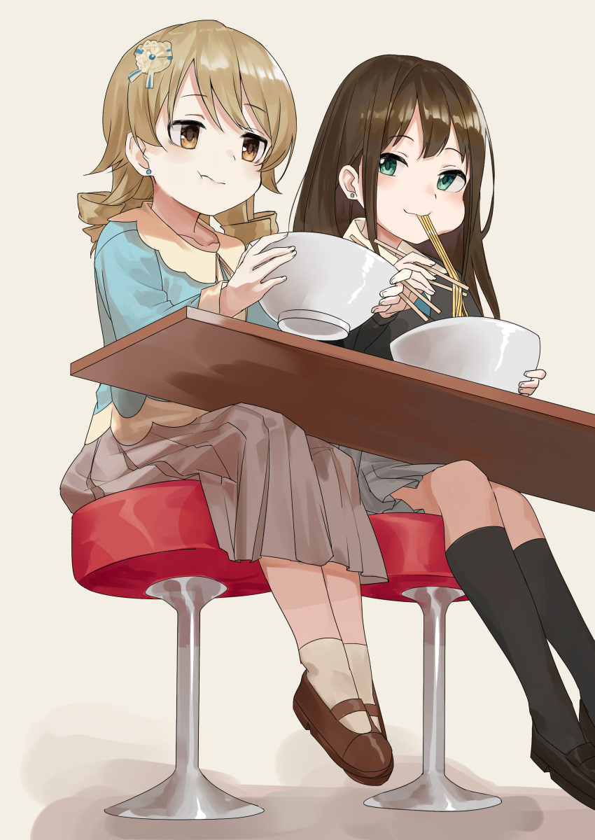 2girls :t absurdres black_footwear black_legwear black_ribbon black_sweater blue_shirt bowl brown_eyes brown_footwear brown_hair chopsticks closed_mouth collared_shirt earrings eating food green_eyes grey_background grey_skirt haruyuki_(gffewuoutgblubh) highres holding holding_bowl holding_chopsticks idolmaster idolmaster_cinderella_girls jewelry loafers long_hair morikubo_nono multiple_girls neck_ribbon noodles pleated_skirt ribbon ringlets shibuya_rin shirt shoes sitting skirt socks stool stud_earrings sweater table wavy_mouth white_legwear white_shirt