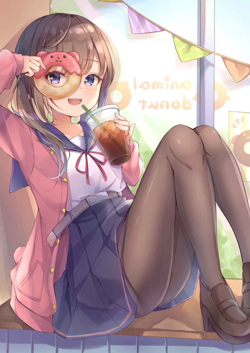 1girl :d absurdres bangs belt blue_sailor_collar blue_skirt blush breasts brown_footwear brown_hair brown_legwear cup disposable_cup doughnut drink eyebrows_visible_through_hair food highres holding holding_cup holding_food indoors jacket knees_up loafers long_hair long_sleeves miniskirt open_clothes open_jacket open_mouth original pantyhose pennant pink_jacket pleated_skirt poe_(528yuzunon) red_ribbon ribbon sailor_collar school_uniform serafuku shirt shoes sitting skirt smile solo twintails unbuttoned violet_eyes white_shirt window