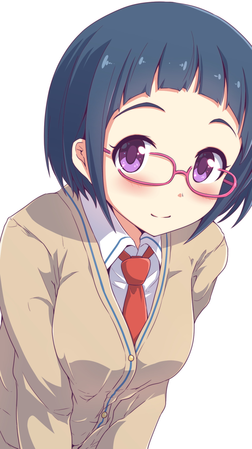 1girl bangs blue_hair blunt_bangs blush glasses highres idolmaster idolmaster_cinderella_girls koumei_(twinameless) looking_at_viewer necktie okazaki_yasuha pink-framed_eyewear red_neckwear shirt short_hair simple_background smile solo sweater violet_eyes white_background white_shirt