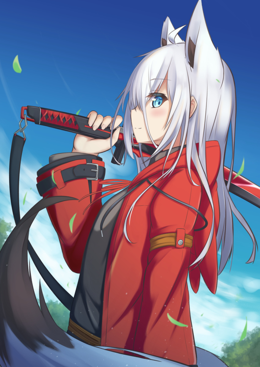 1girl ahoge animal_ear_fluff animal_ears animal_hood bangs black_shirt blue_eyes blue_sky blush closed_mouth clouds commentary_request day eyebrows_visible_through_hair fake_animal_ears fox_ears fox_girl fox_tail from_side hair_between_eyes hand_up highres holding holding_sword holding_weapon hood hood_down hooded_jacket jacket katana looking_at_viewer looking_to_the_side open_clothes open_jacket original outdoors over_shoulder profile red_jacket shirt sky smile solo standing sword sword_over_shoulder tail weapon weapon_over_shoulder white_hair yukishiro_haku