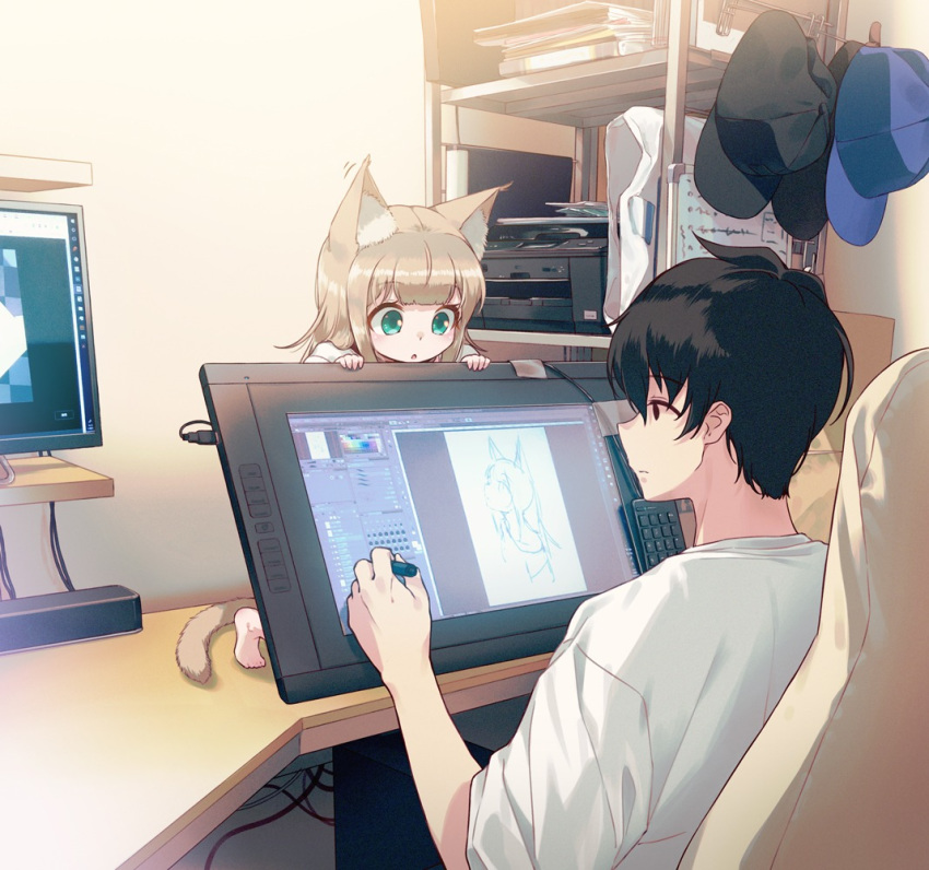 1boy 1girl 40hara animal_ear_fluff animal_ears aqua_eyes bangs baseball_cap black_hair cat_ears cat_girl cat_tail closed_mouth commentary_request desk drawing_tablet hat indoors kinako_(40hara) light_brown_hair monitor original shirt short_sleeves stylus tail white_shirt