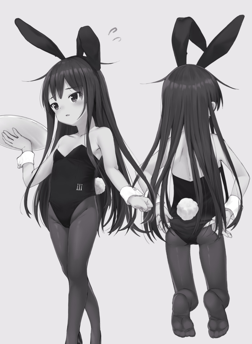 1girl absurdres akatsuki_(kantai_collection) animal_ears black_hair bunny_tail bunnysuit dx_(dekusu) fake_animal_ears flat_chest highres kantai_collection kneeling long_hair pantyhose rabbit_ears simple_background soles tail tray wrist_cuffs