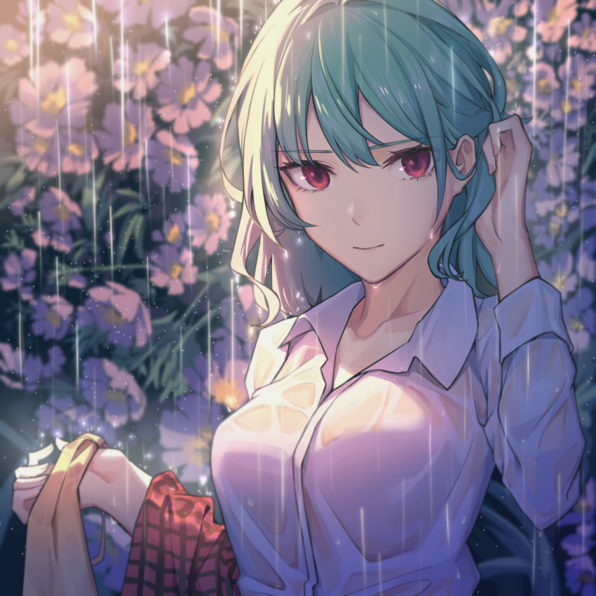 1girl ascot_removed bra breasts close-up collared_shirt droplets eyebrows_visible_through_hair fingernails flower flower_request garden green_hair hand_in_hair highres kazami_yuuka large_breasts light light_smile long_sleeves looking_at_viewer medium_hair open_collar plaid plaid_vest rain red_eyes red_vest reflective_eyes shiny shiny_hair shirt sidelighting solo sunlight touhou underwear upper_body vest vest_removed wet wet_clothes wet_hair white_shirt yangsan_(2991076090) yellow_neckwear