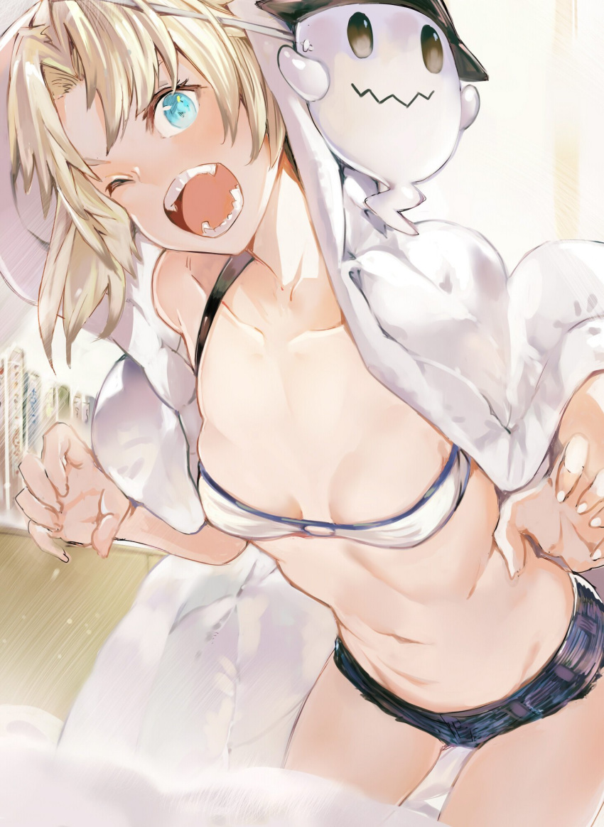 1girl aqua_eyes bandeau bangs bare_shoulders bed_sheet blonde_hair blue_shorts blush braid breasts collarbone cutoffs denim denim_shorts fate/apocrypha fate_(series) ghost_mask highres long_hair looking_at_viewer mask micro_shorts mordred_(fate) mordred_(fate)_(all) navel one_eye_closed open_mouth parted_bangs shorts sidelocks small_breasts teeth thighs tokopi