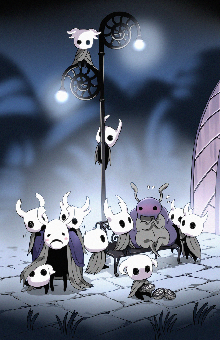 6+others arizuka_(catacombe) bench blush bretta_(hollow_knight) climbing cloak commentary commentary_request elderbug flying_sweatdrops grey_cloak highres hollow_eyes hollow_knight hollow_knight_(character) horns knight_(hollow_knight) lamppost looking_at_another mask multiple_others no_humans on_person outdoors sitting standing torn_cloak torn_clothes