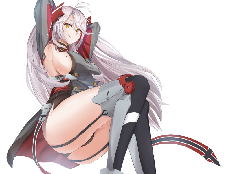 1girl ahoge armpits arms_behind_head arms_up azur_lane bangs breasts eyebrows_visible_through_hair garter_straps hair_between_eyes highres j_yak47 large_breasts licking_lips long_hair mole mole_on_breast multicolored_hair prinz_eugen_(azur_lane) sideboob silver_hair streaked_hair swept_bangs thigh-highs thighs tongue tongue_out yellow_eyes