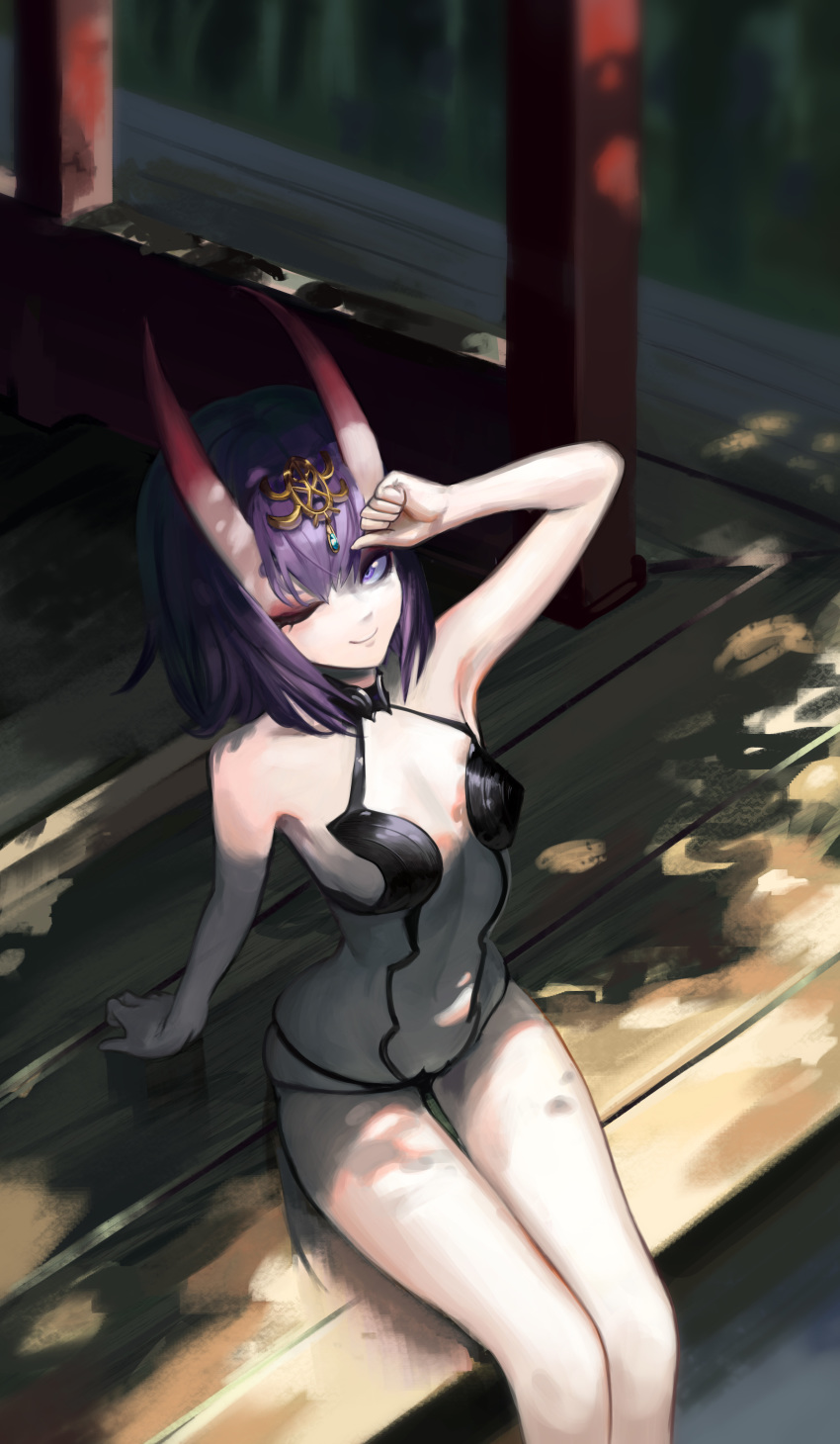 1girl absurdres bangs bare_shoulders blush bob_cut breasts cha_neung closed_mouth collarbone eyeliner fate/grand_order fate_(series) hand_up headpiece highres horns looking_at_viewer makeup one_eye_closed oni oni_horns purple_hair revealing_clothes shade short_hair shuten_douji_(fate/grand_order) sitting skin-covered_horns small_breasts smile thighs violet_eyes
