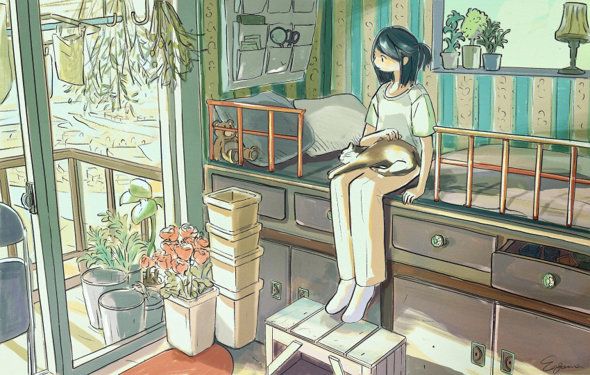 1girl absurdres animal_on_lap balcony bed black_hair cabinet cat cat_on_lap engawa975 half_updo highres indoors looking_out_window medium_hair original petting plant potted_plant